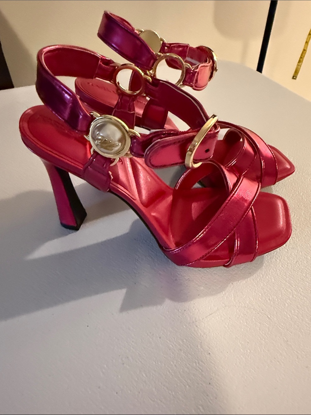 Karl Lagerfeld Metallic Fuchsia Strappy High Heel Sandals - Women's *Never worn